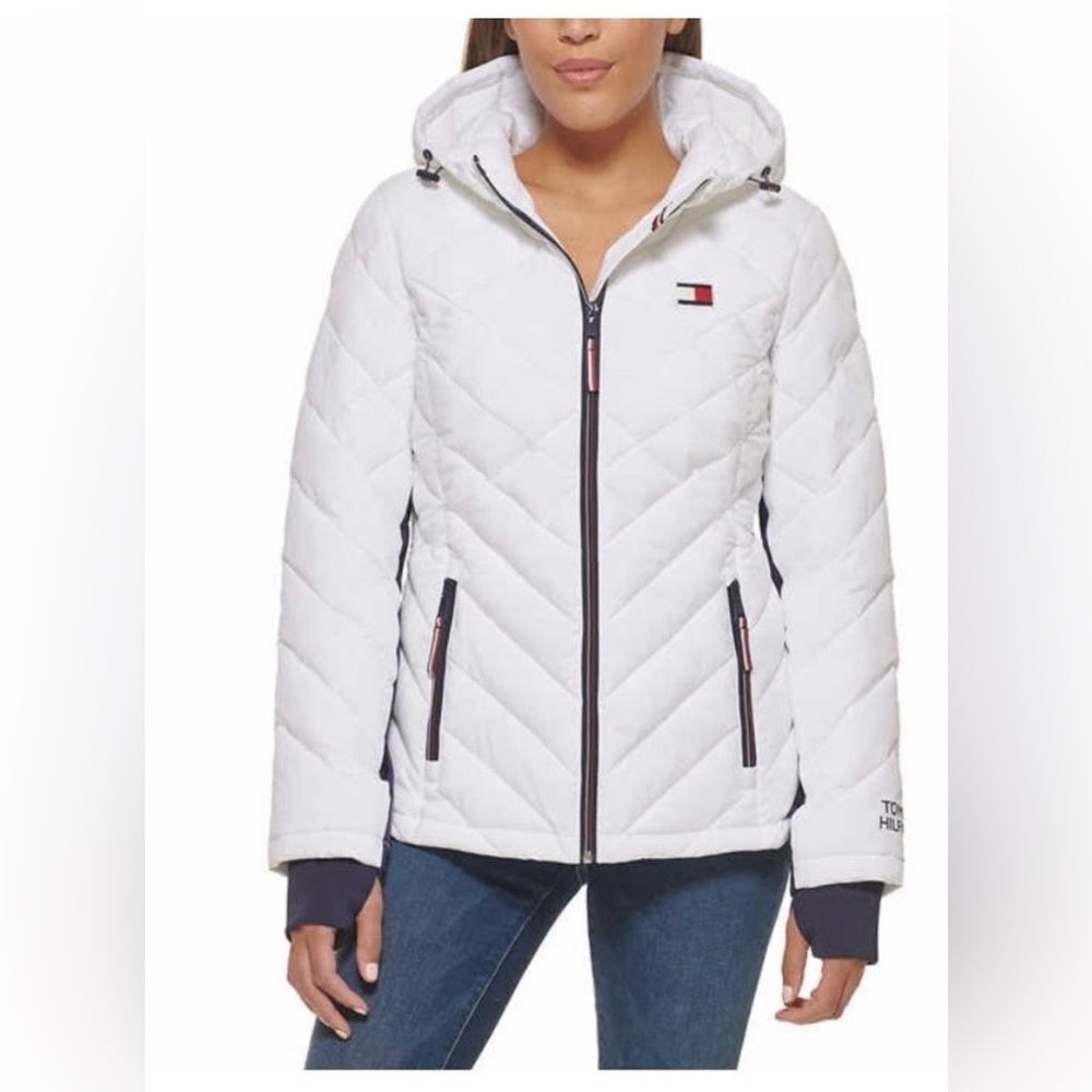 Tommy Hilfiger Women's White Blue Hooded Puffer Jacket Zip Closure Casual Size M